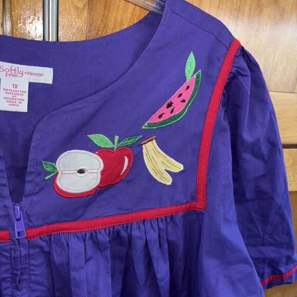 Go Softly Patio Dress Purple Embroidered Pockets 1X Fruit Muumuu Full Zip - Picture 4 of 11